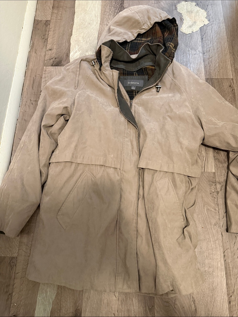 Liz Claiborne Tan Hooded Jacket with Plaid Lining